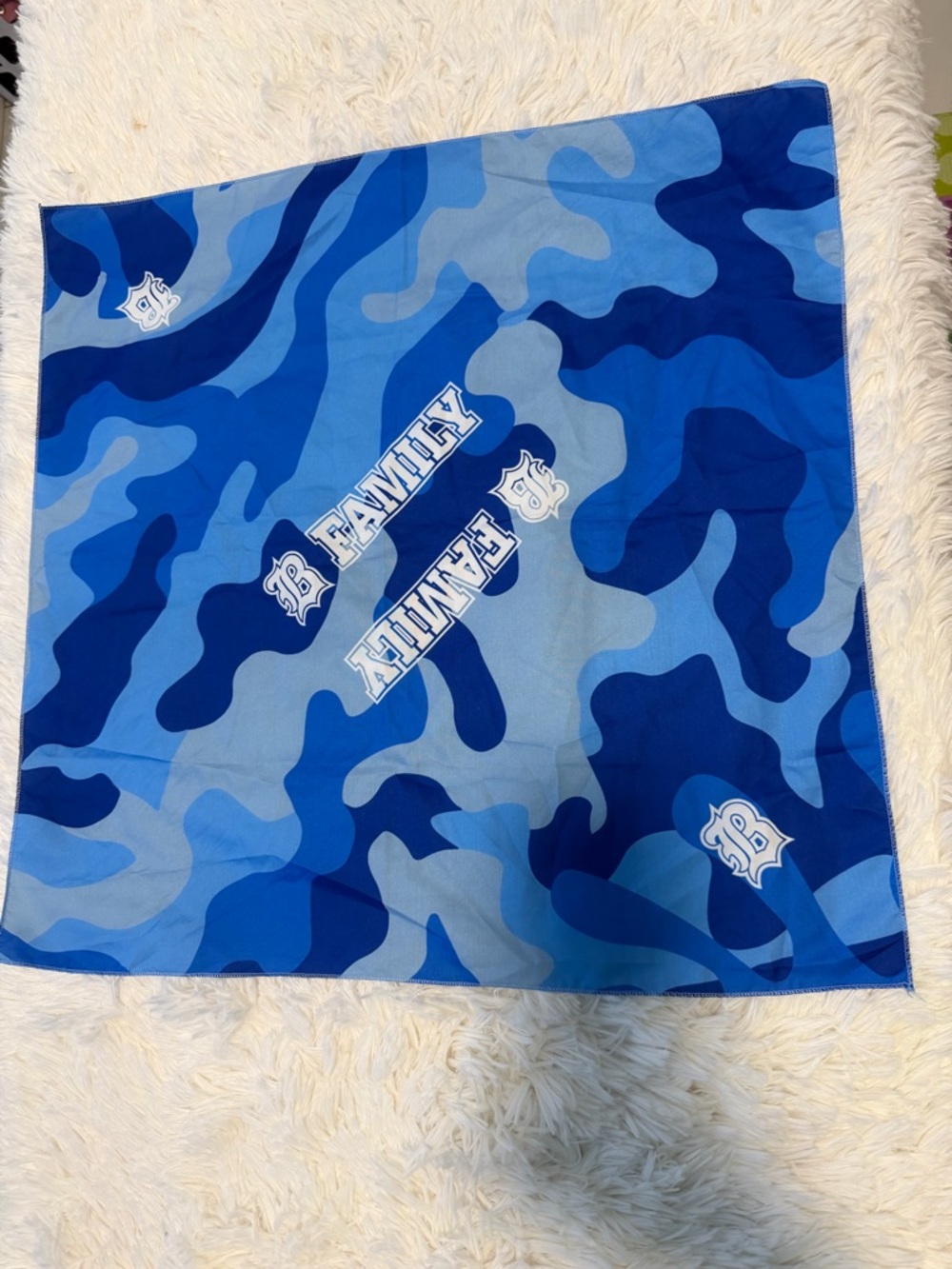 Blue Camouflage Bandana with 'B Family' Logo